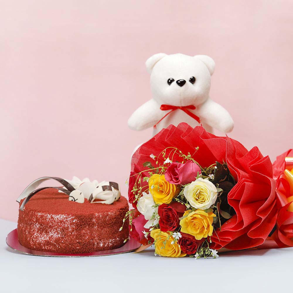 Red Velvet Cake & Mix Roses Bunch  & Teddy